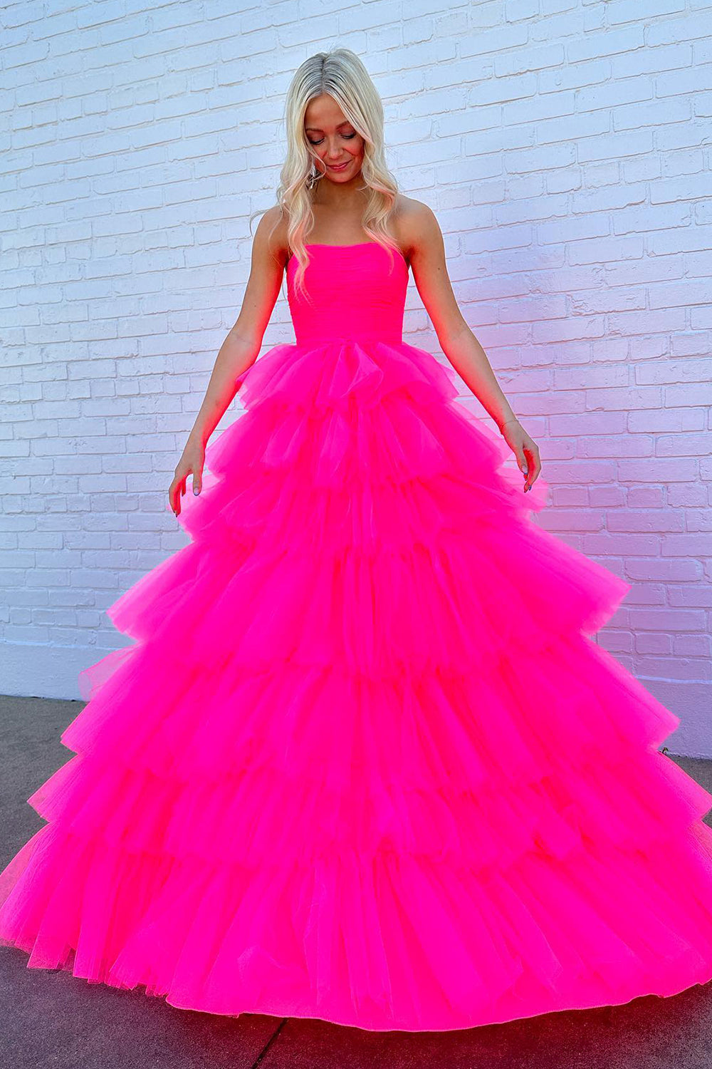 Hot Pink A-Line Tiered Tulle Long Prom Dress