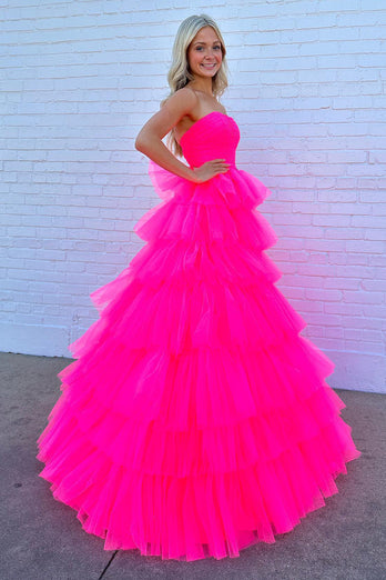 Hot Pink A-Line Tiered Tulle Long Prom Dress