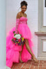 Load image into Gallery viewer, Hot Pink High Low Detachable Sleeves Corset Homecoming Dress with Lace