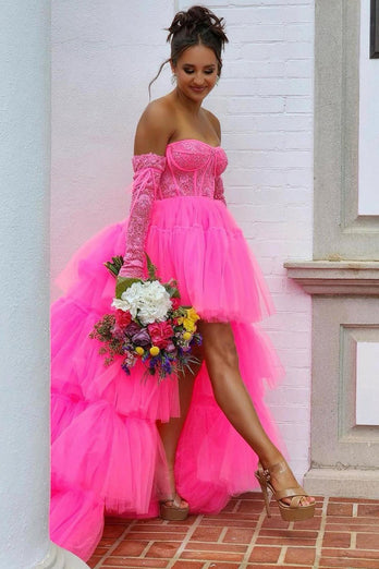 Hot Pink High Low Detachable Sleeves Corset Homecoming Dress with Lace