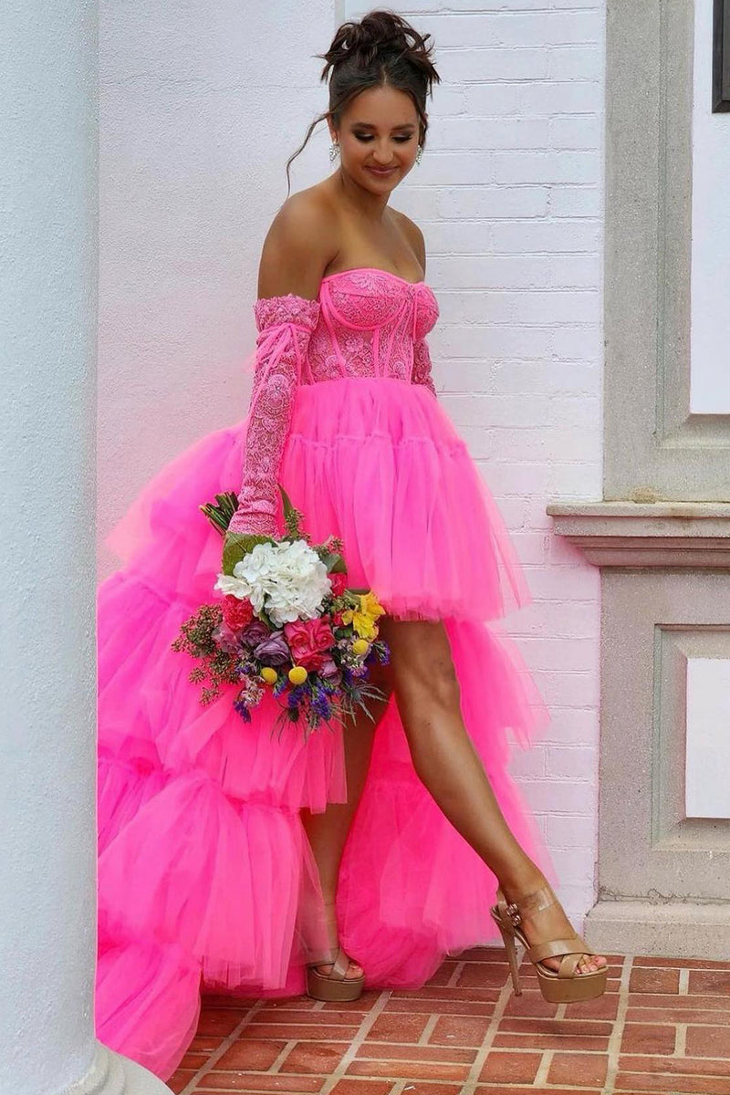 Load image into Gallery viewer, Hot Pink High Low Detachable Sleeves Corset Homecoming Dress with Lace