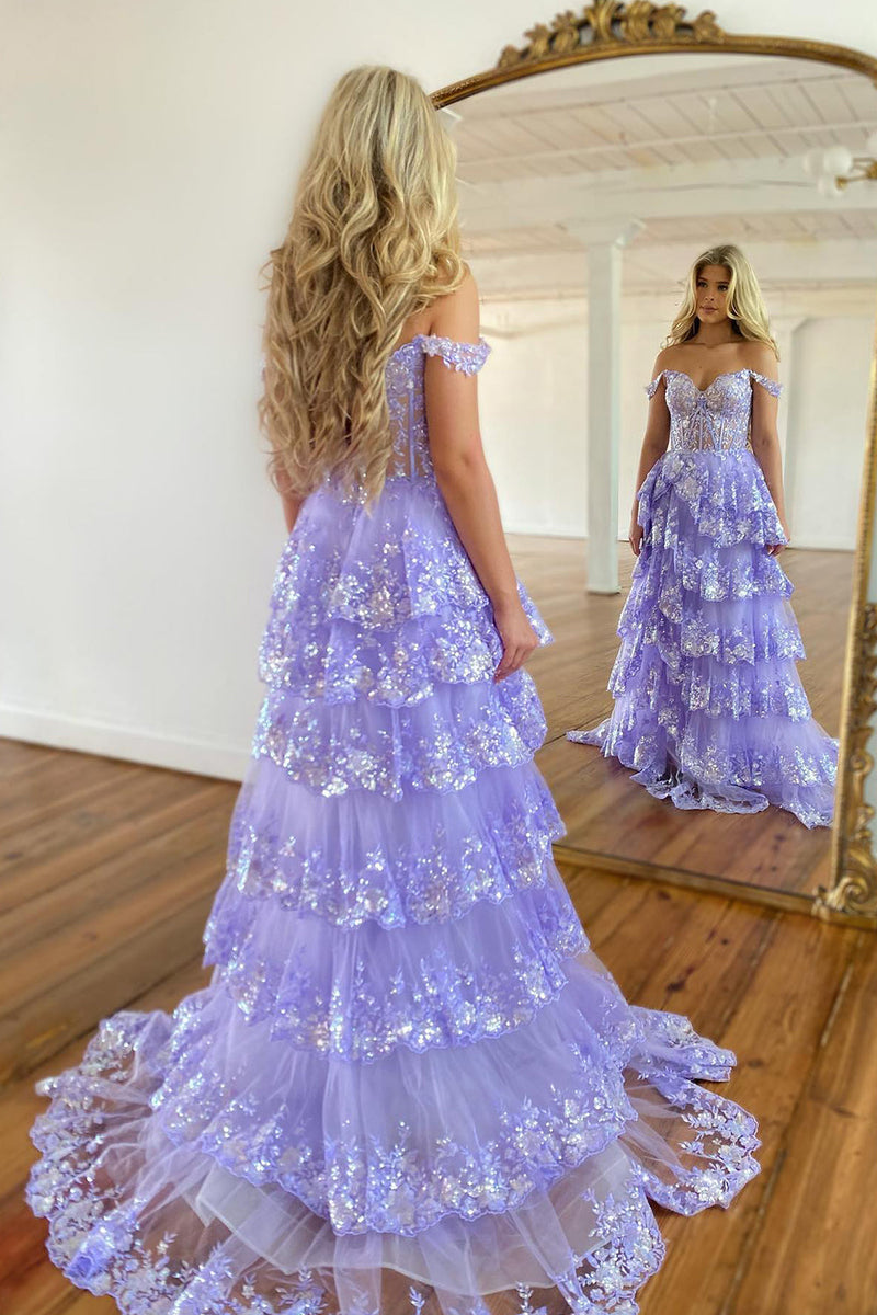 Load image into Gallery viewer, Dark Blue Off The Shoulder Tiered Prom Dress