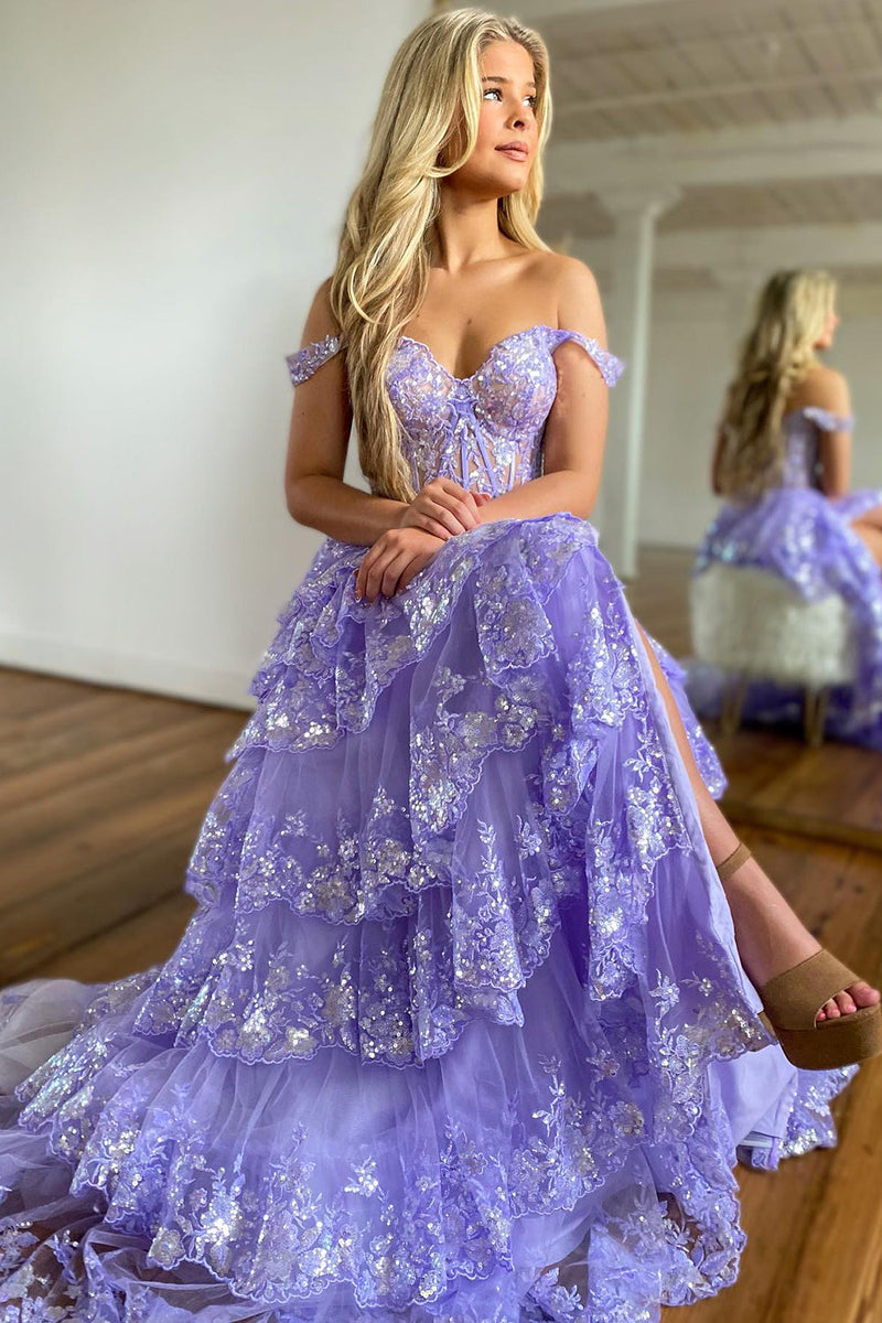 Load image into Gallery viewer, Lilac Off The Shoulder Tiered Prom Dress