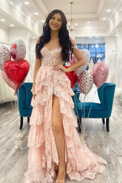 Pink Off The Shoulder Tiered Prom Dress