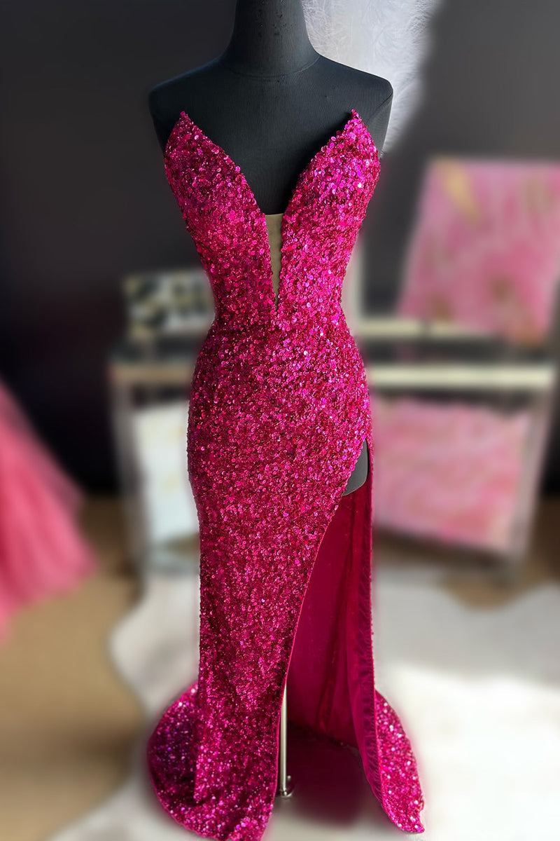 Load image into Gallery viewer, Fuchsia Strapless Sequin Prom Dress with Slit