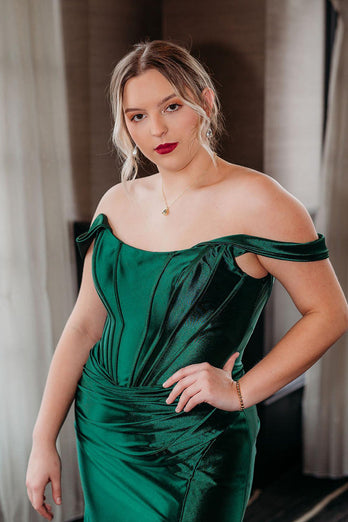 Green Corset Off the Shoulder Long Prom Dress with Slit