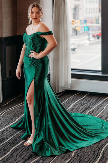 Green Corset Off the Shoulder Long Prom Dress with Slit