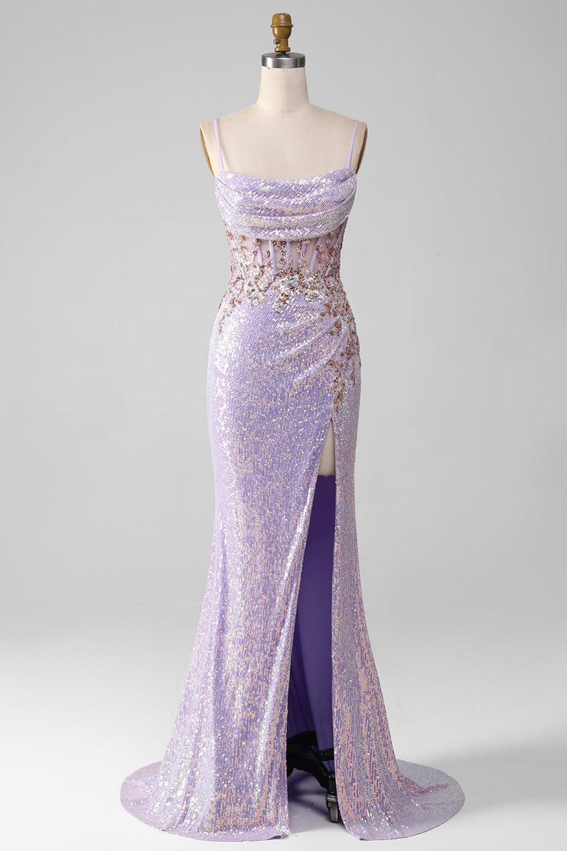 Load image into Gallery viewer, Lilac Sparkly Spaghetti Straps Mermaid Prom Dress with Slit