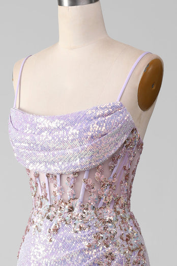 Lilac Sparkly Spaghetti Straps Mermaid Prom Dress with Slit