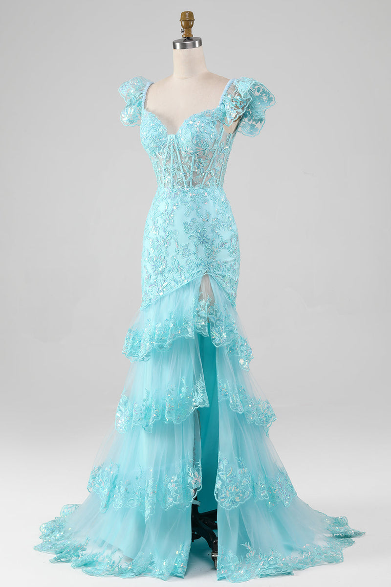 Load image into Gallery viewer, Sky Blue Off the Shoulder Lace and Sequin Mermaid Prom Dress with Slit