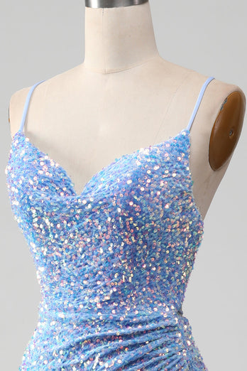 Sparkly Sequins Mermaid Light Blue Prom Dress with Slit