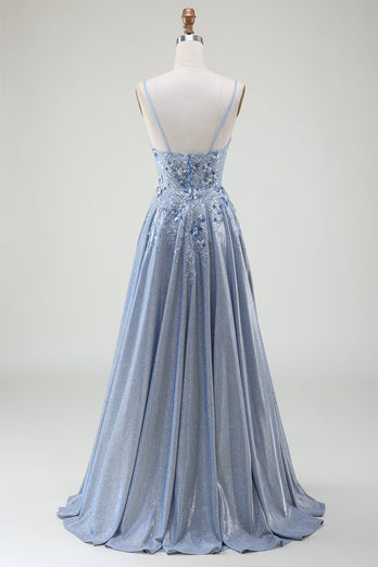 Glitter A-Line Spaghetti Straps Grey Blue Prom Dress