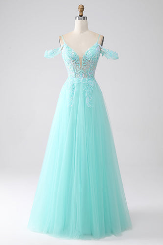 Light Green Cold Shoulder Sequins Prom Dress