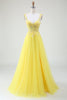 Load image into Gallery viewer, Tulle Beaded Yellow Corset Prom Dress with Slit