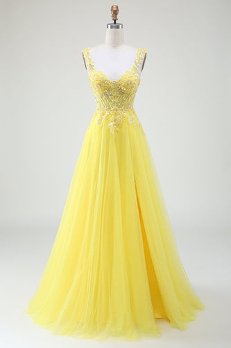 Tulle Beaded Yellow Corset Prom Dress with Slit