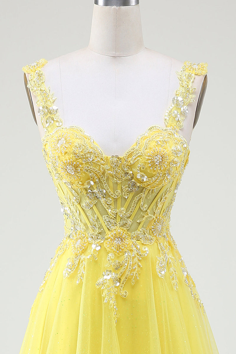 Load image into Gallery viewer, Tulle Beaded Yellow Corset Prom Dress with Slit