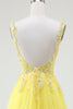 Load image into Gallery viewer, Tulle Beaded Yellow Corset Prom Dress with Slit