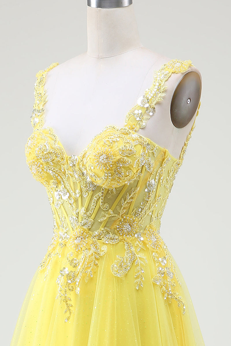 Load image into Gallery viewer, Tulle Beaded Yellow Corset Prom Dress with Slit