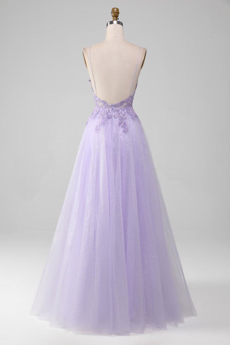 Load image into Gallery viewer, Sparkly Light Purple A-Line Spaghetti Straps Long Prom Dress With Beading