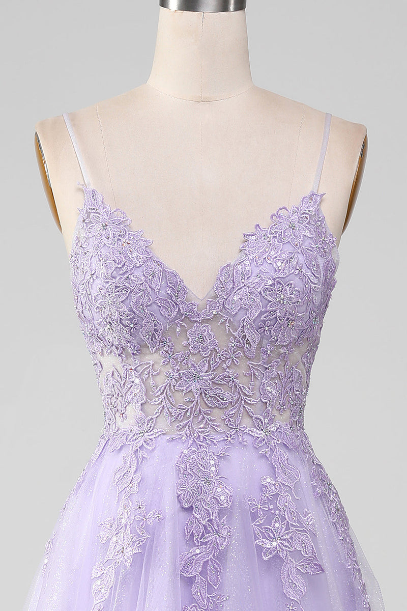 Load image into Gallery viewer, Sparkly Light Purple A-Line Spaghetti Straps Long Prom Dress With Beading