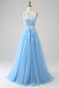 Load image into Gallery viewer, Stunning A Line One Shoulder Light Blue Long Tulle Prom Dress with Appliques