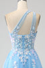 Load image into Gallery viewer, Stunning A Line One Shoulder Light Blue Long Tulle Prom Dress with Appliques