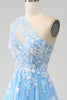 Load image into Gallery viewer, Stunning A Line One Shoulder Light Blue Long Tulle Prom Dress with Appliques