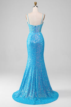 Spaghetti Straps Blue Sparkly Corset Prom Dress with Slit