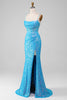 Load image into Gallery viewer, Spaghetti Straps Blue Sparkly Corset Prom Dress with Slit