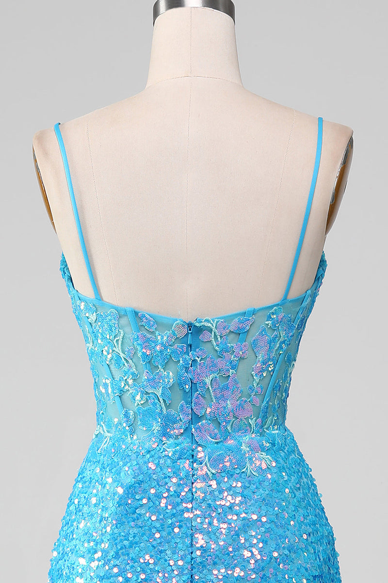 Load image into Gallery viewer, Spaghetti Straps Blue Sparkly Corset Prom Dress with Slit