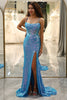 Load image into Gallery viewer, Spaghetti Straps Blue Sparkly Corset Prom Dress with Slit