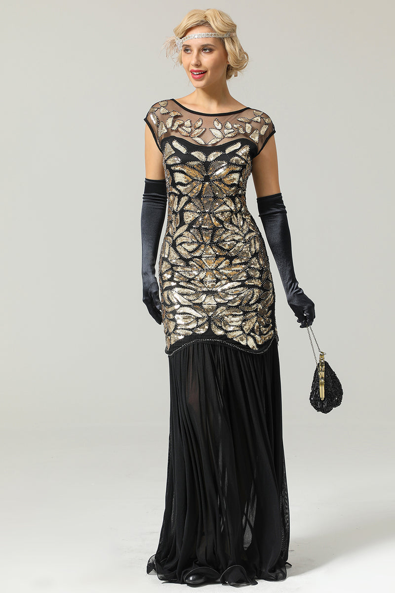 Load image into Gallery viewer, Black&amp;Gold 1920s Sequined Flapper Dress