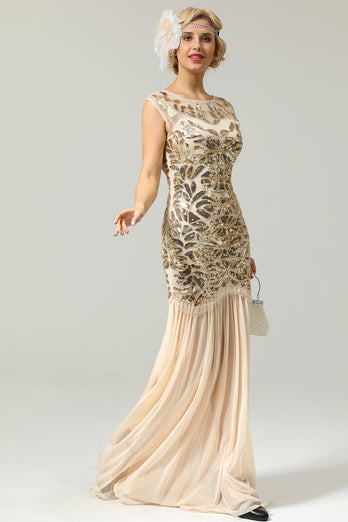 Champagne Sequins Round Neck 1920s Dress