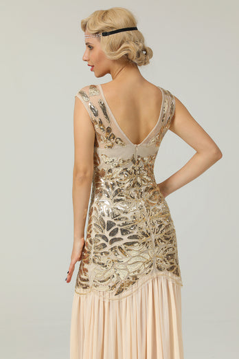 Champagne Sequins Round Neck 1920s Dress