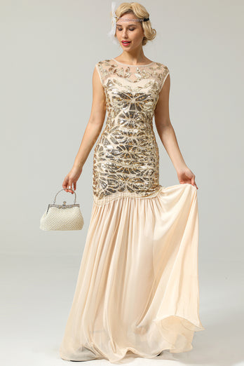 Champagne Sequins Round Neck 1920s Dress