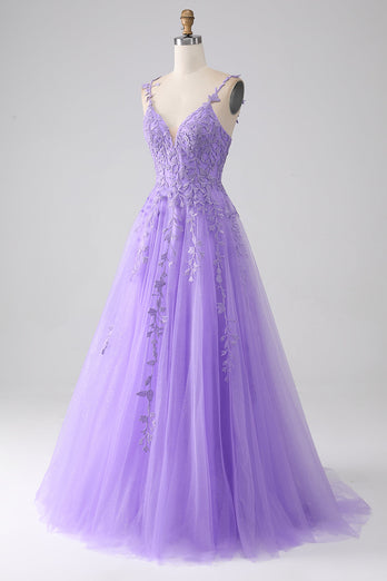 Lilac A-Line Spaghetti Straps Long Prom Dress with Appliques