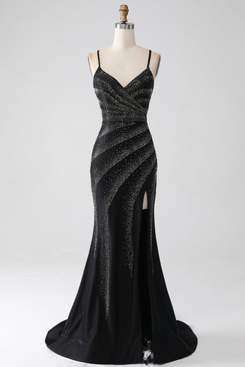 Mermaid Beaded Black Prom Dress with Slit