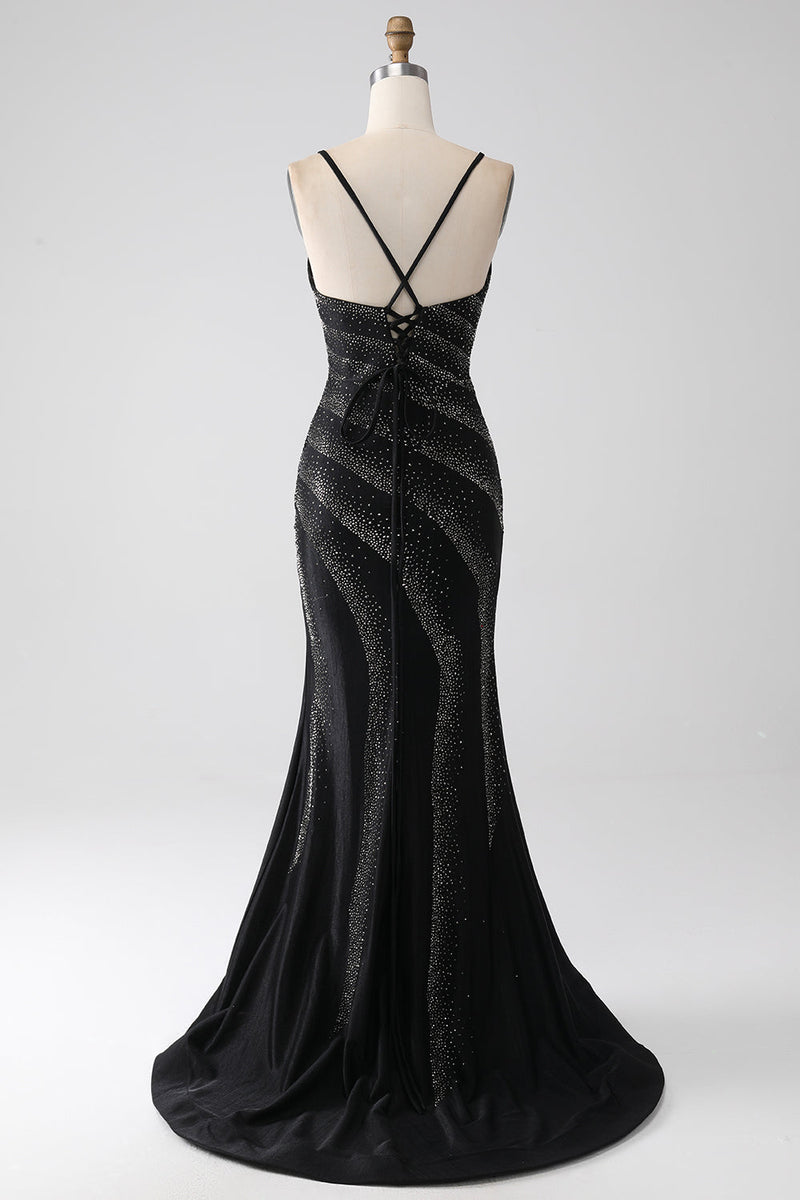 Load image into Gallery viewer, Mermaid Beaded Black Prom Dress with Slit