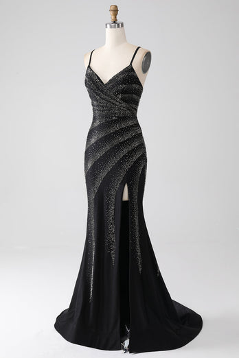 Mermaid Beaded Black Prom Dress with Slit