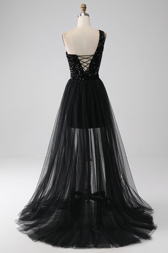 A-Line Black One Shoulder Sequins Prom Dress