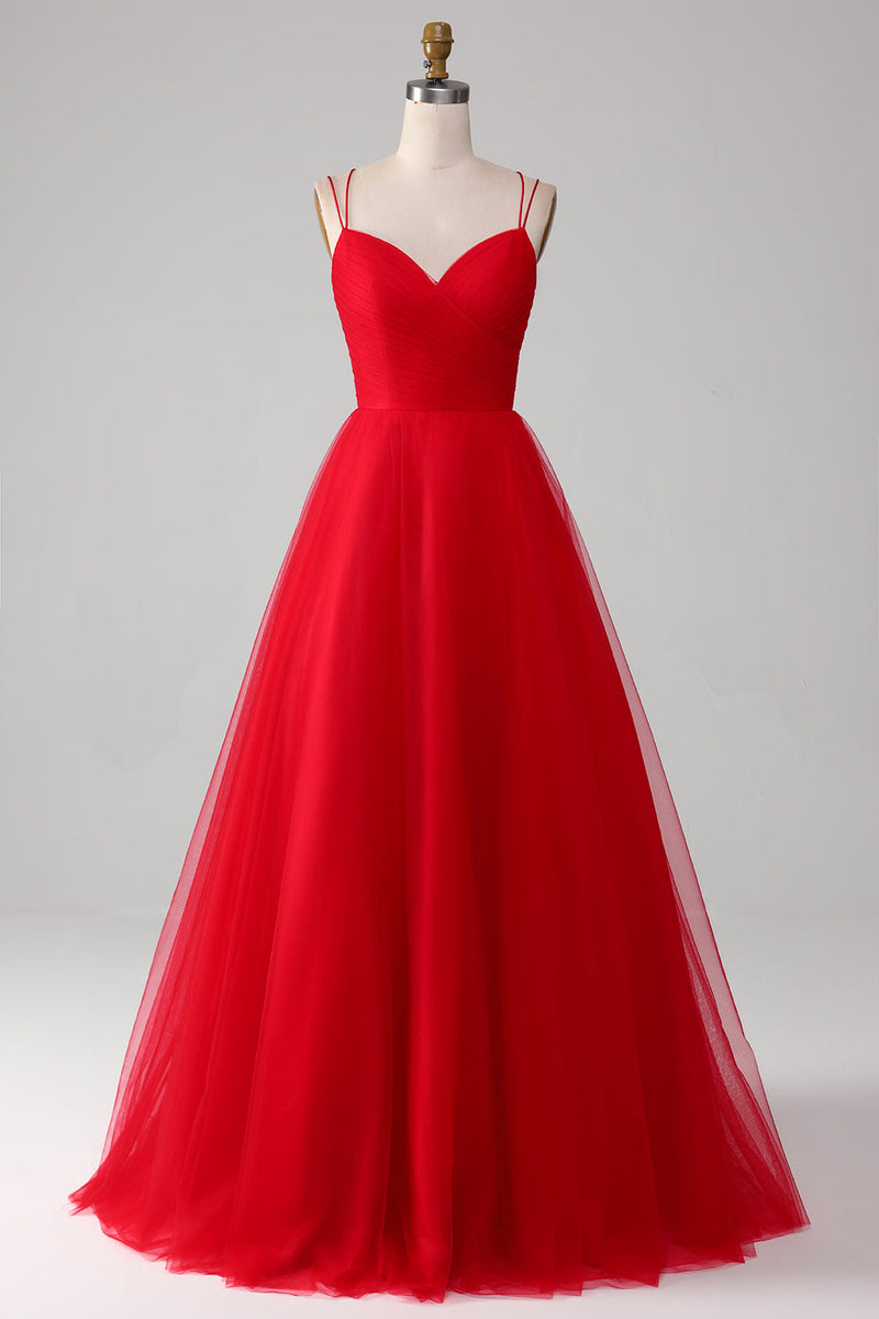 Load image into Gallery viewer, Spaghetti Straps A-Line Red Long Prom Dress wth Cross Criss Back