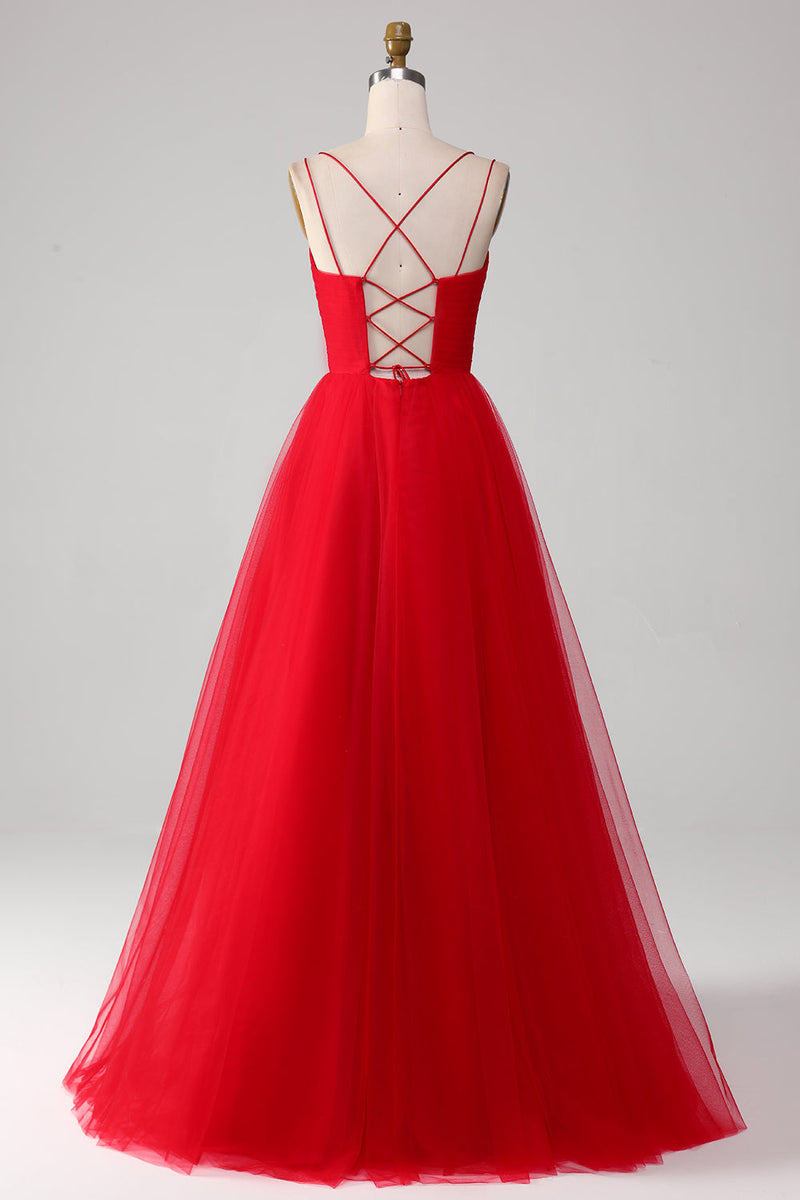 Load image into Gallery viewer, Spaghetti Straps A-Line Red Long Prom Dress wth Cross Criss Back