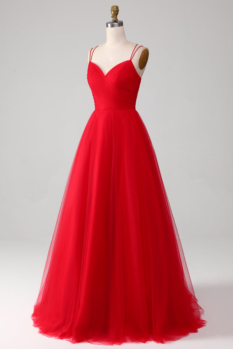 Load image into Gallery viewer, Spaghetti Straps A-Line Red Long Prom Dress wth Cross Criss Back