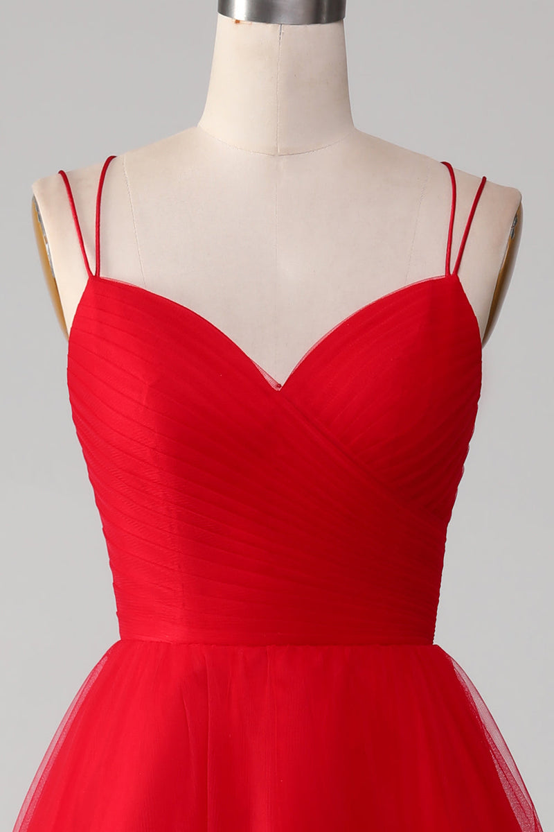 Load image into Gallery viewer, Spaghetti Straps A-Line Red Long Prom Dress wth Cross Criss Back