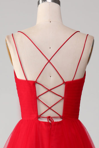 Spaghetti Straps A-Line Red Long Prom Dress wth Cross Criss Back