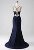 Load image into Gallery viewer, Mermaid Beaded Navy Prom Dress with Ruffles