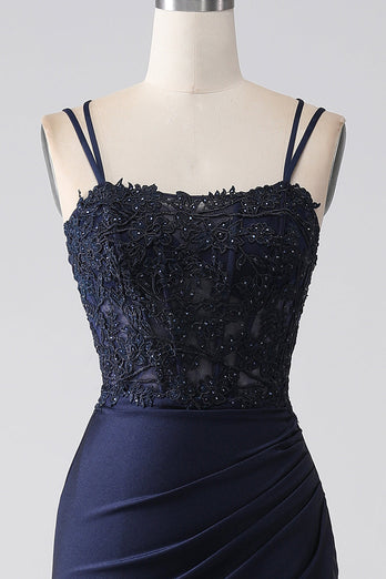 Mermaid Beaded Navy Prom Dress with Ruffles