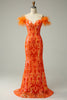 Load image into Gallery viewer, Orange Sequins Off the Shoulder Mermaid Prom Dress with Feathers