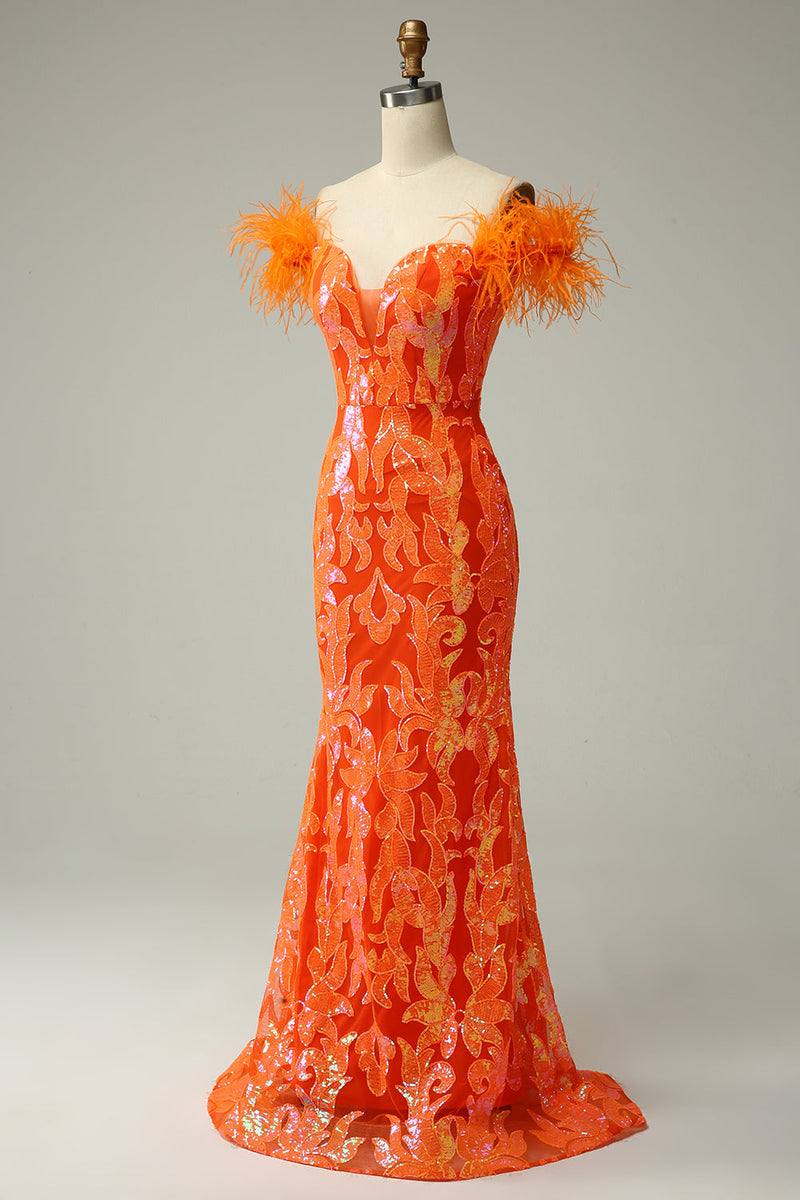 Load image into Gallery viewer, Orange Sequins Off the Shoulder Mermaid Prom Dress with Feathers