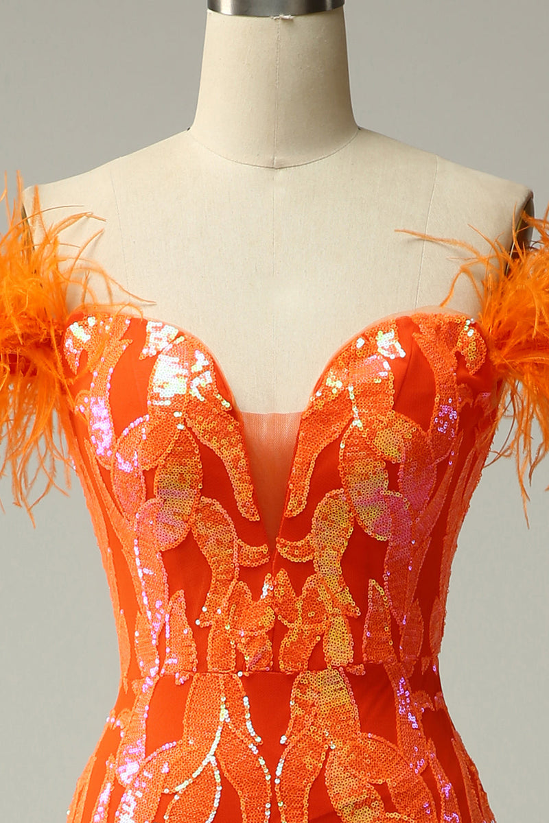 Load image into Gallery viewer, Orange Sequins Off the Shoulder Mermaid Prom Dress with Feathers